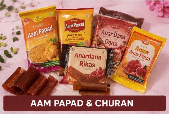 Aam Papad Mango Snacks A Tangy Delightful Treat featuring aam papad and churan on display.