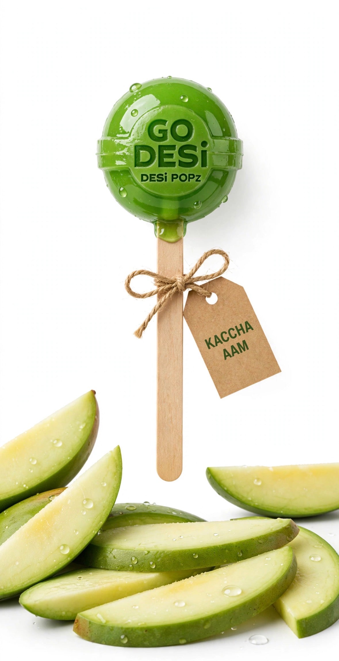 A green mango-flavored lollipop from GO DESI DESI POPP on a wooden stick, decorated with a kraft paper tag that reads &